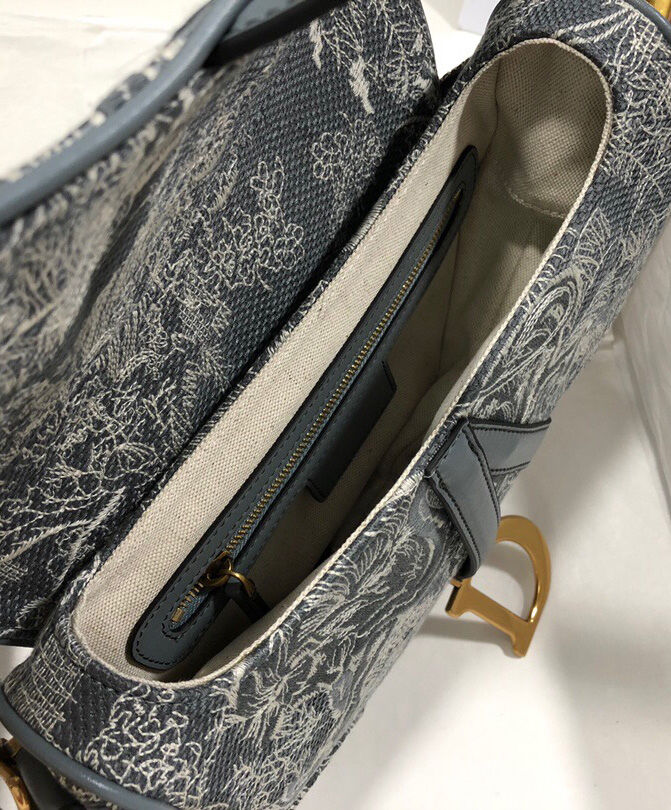 Christian Dior Saddle Bag Canvas with Leather Grey